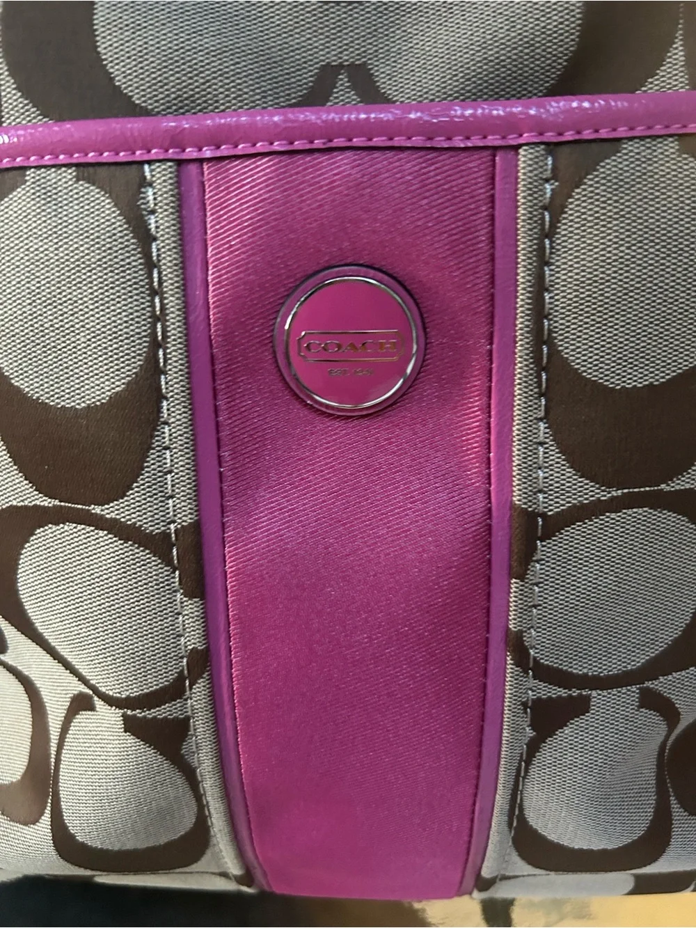 Coach F23304 Signature Stripe Foldover Tote Khaki Mulberry MSRP $328
